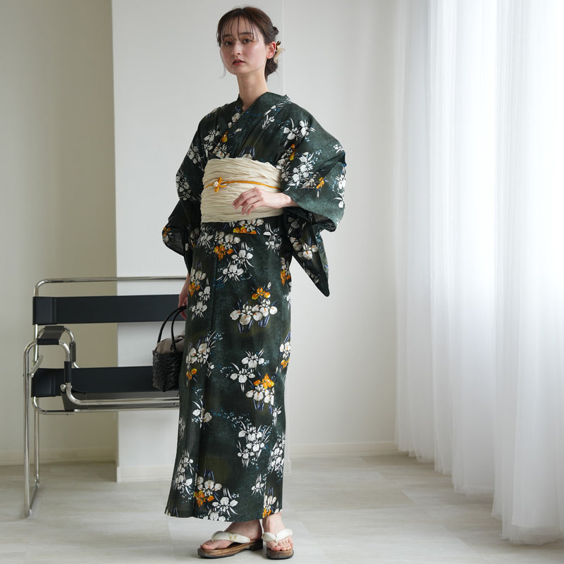 【セパレート高級変わり織 二部式浴衣3点セット ( ゆかた上下・帯・下駄 )錆緑に照る菖蒲】フリーサイズ  国産生地 国内染色 昭和初期アンティーク復刻版 （5016278611）