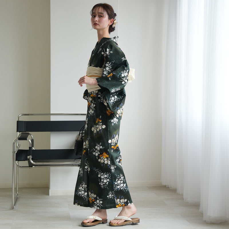 【セパレート高級変わり織 二部式浴衣3点セット ( ゆかた上下・帯・下駄 )錆緑に照る菖蒲】フリーサイズ  国産生地 国内染色 昭和初期アンティーク復刻版 （5016278611）