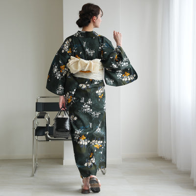 【セパレート高級変わり織 二部式浴衣3点セット ( ゆかた上下・帯・下駄 )錆緑に照る菖蒲】フリーサイズ  国産生地 国内染色 昭和初期アンティーク復刻版 （5016278611）