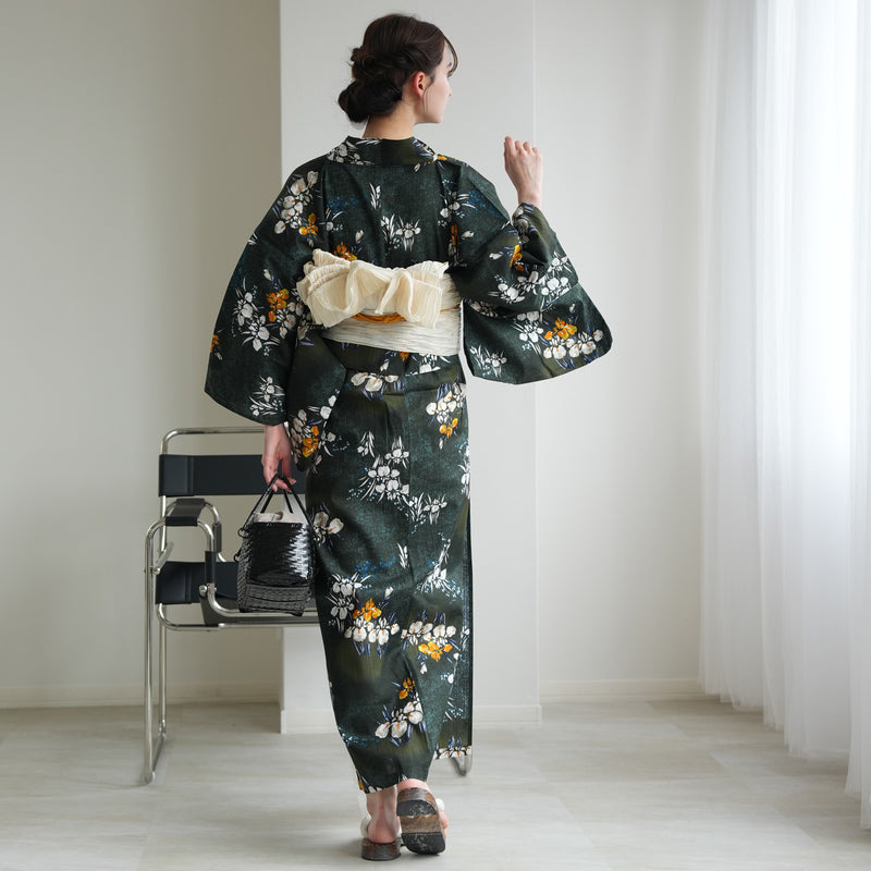 【セパレート高級変わり織 二部式浴衣3点セット ( ゆかた上下・帯・下駄 )錆緑に照る菖蒲】フリーサイズ  国産生地 国内染色 昭和初期アンティーク復刻版 （5016278611）