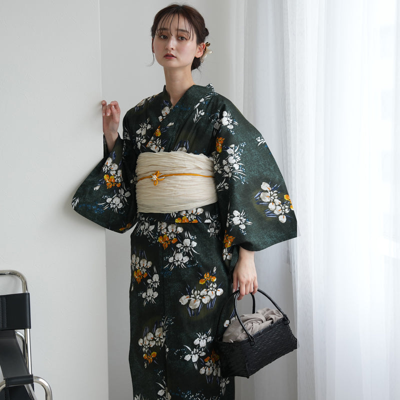 【セパレート高級変わり織 二部式浴衣3点セット ( ゆかた上下・帯・下駄 )錆緑に照る菖蒲】フリーサイズ  国産生地 国内染色 昭和初期アンティーク復刻版 （5016278611）