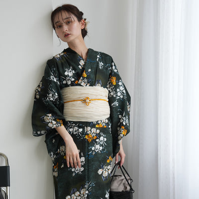 【セパレート高級変わり織 二部式浴衣3点セット ( ゆかた上下・帯・下駄 )錆緑に照る菖蒲】フリーサイズ  国産生地 国内染色 昭和初期アンティーク復刻版 （5016278611）