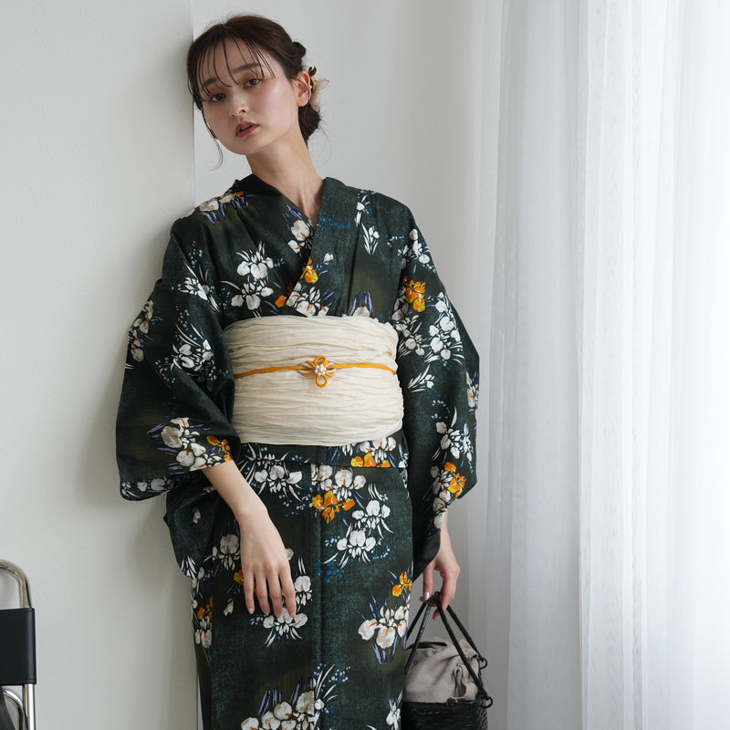 【セパレート高級変わり織 二部式浴衣3点セット ( ゆかた上下・帯・下駄 )錆緑に照る菖蒲】フリーサイズ  国産生地 国内染色 昭和初期アンティーク復刻版 （5016278611）
