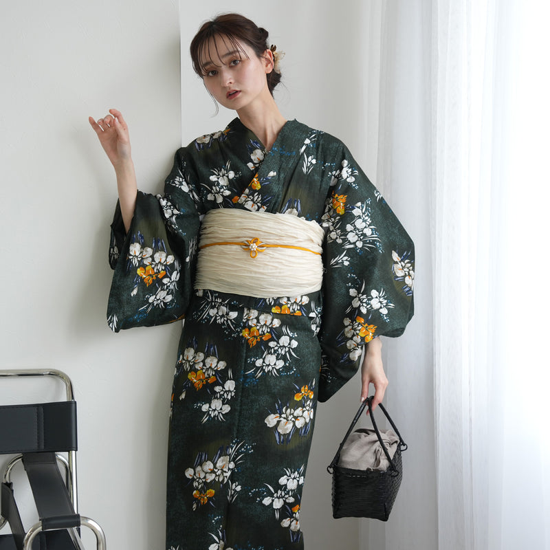 【セパレート高級変わり織 二部式浴衣3点セット ( ゆかた上下・帯・下駄 )錆緑に照る菖蒲】フリーサイズ  国産生地 国内染色 昭和初期アンティーク復刻版 （5016278611）