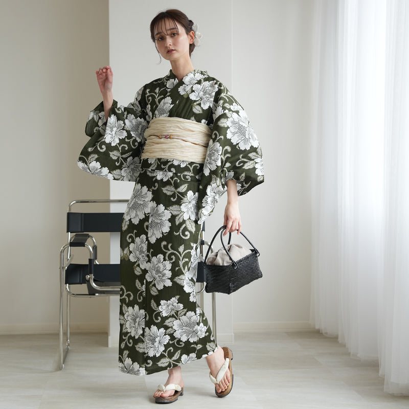 【セパレート高級変わり織 二部式浴衣3点セット ( ゆかた上下・帯・下駄 )抹茶グリーンに牡丹唐草】フリーサイズ  国産生地 国内染色 昭和初期アンティーク復刻版 （5016278911）