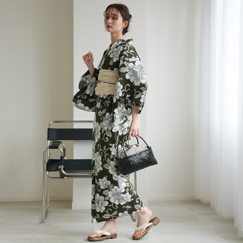 【セパレート高級変わり織 二部式浴衣3点セット ( ゆかた上下・帯・下駄 )抹茶グリーンに牡丹唐草】フリーサイズ  国産生地 国内染色 昭和初期アンティーク復刻版 （5016278911）