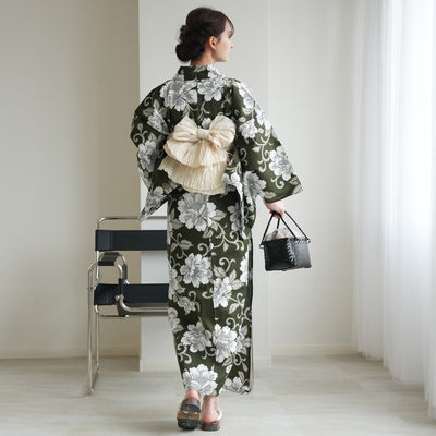 【セパレート高級変わり織 二部式浴衣3点セット ( ゆかた上下・帯・下駄 )抹茶グリーンに牡丹唐草】フリーサイズ  国産生地 国内染色 昭和初期アンティーク復刻版 （5016278911）