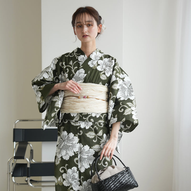 【セパレート高級変わり織 二部式浴衣3点セット ( ゆかた上下・帯・下駄 )抹茶グリーンに牡丹唐草】フリーサイズ  国産生地 国内染色 昭和初期アンティーク復刻版 （5016278911）