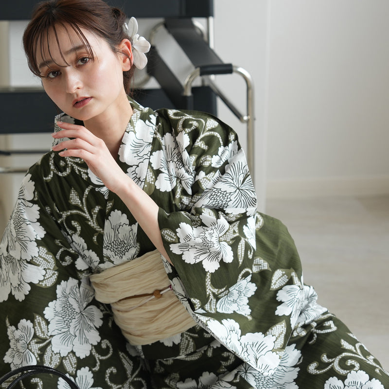 【セパレート高級変わり織 二部式浴衣3点セット ( ゆかた上下・帯・下駄 )抹茶グリーンに牡丹唐草】フリーサイズ  国産生地 国内染色 昭和初期アンティーク復刻版 （5016278911）