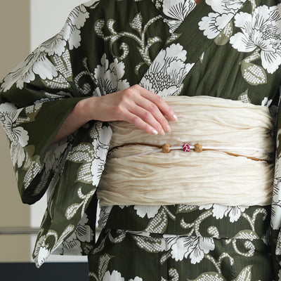 【セパレート高級変わり織 二部式浴衣3点セット ( ゆかた上下・帯・下駄 )抹茶グリーンに牡丹唐草】フリーサイズ  国産生地 国内染色 昭和初期アンティーク復刻版 （5016278911）