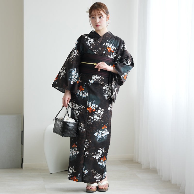 【セパレート高級変わり織 二部式浴衣3点セット ( ゆかた上下・帯・下駄 )錆紺に照る菖蒲】フリーサイズ  国産生地 国内染色 昭和初期アンティーク復刻版 （5016279011）