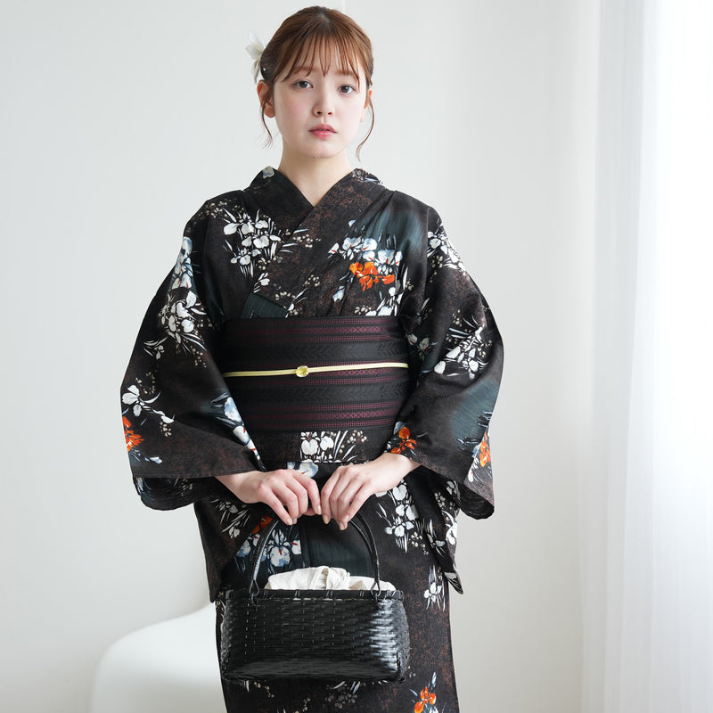 【セパレート高級変わり織 二部式浴衣3点セット ( ゆかた上下・帯・下駄 )錆紺に照る菖蒲】フリーサイズ  国産生地 国内染色 昭和初期アンティーク復刻版 （5016279011）