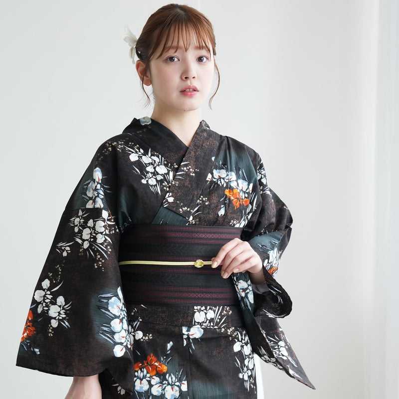 【セパレート高級変わり織 二部式浴衣3点セット ( ゆかた上下・帯・下駄 )錆紺に照る菖蒲】フリーサイズ  国産生地 国内染色 昭和初期アンティーク復刻版 （5016279011）