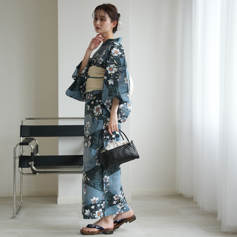 【セパレート高級変わり織 二部式浴衣3点セット ( ゆかた上下・帯・下駄 ) 鈍青と緑の砂よろけに桔梗】フリーサイズ  国産生地 国内染色 昭和初期アンティーク復刻版 （5016279111）