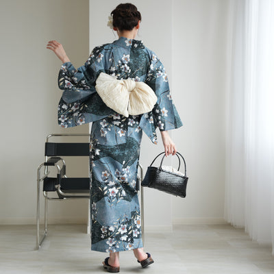 【セパレート高級変わり織 二部式浴衣3点セット ( ゆかた上下・帯・下駄 ) 鈍青と緑の砂よろけに桔梗】フリーサイズ  国産生地 国内染色 昭和初期アンティーク復刻版 （5016279111）