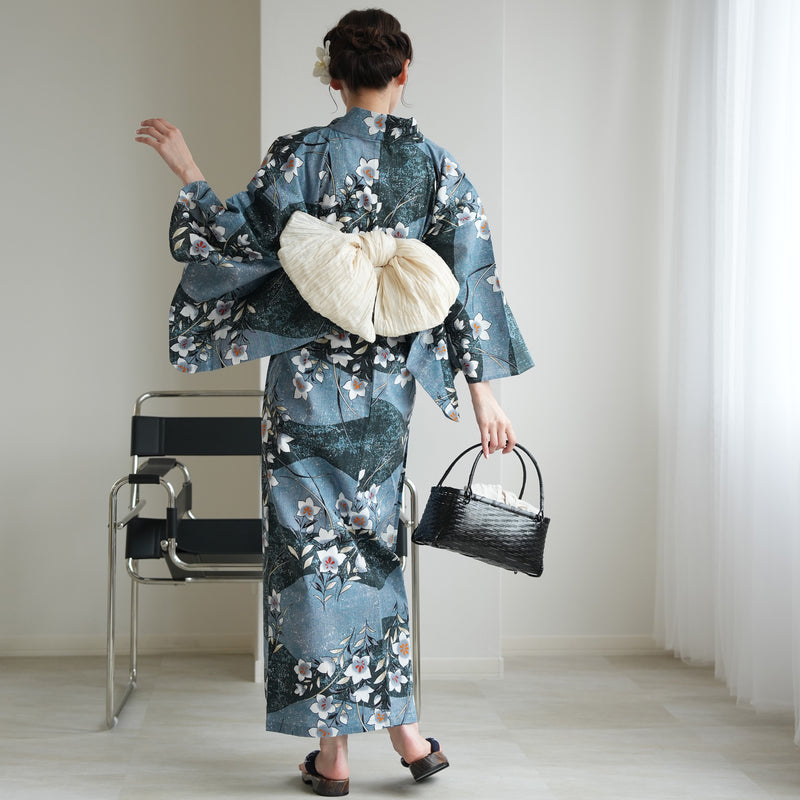 【セパレート高級変わり織 二部式浴衣3点セット ( ゆかた上下・帯・下駄 ) 鈍青と緑の砂よろけに桔梗】フリーサイズ  国産生地 国内染色 昭和初期アンティーク復刻版 （5016279111）