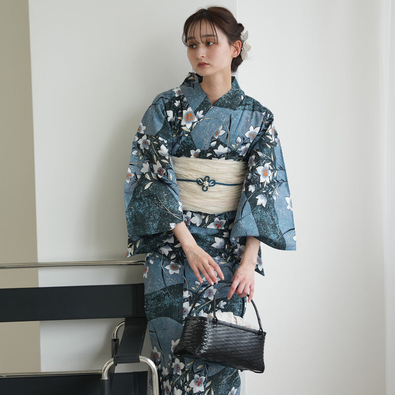【セパレート高級変わり織 二部式浴衣3点セット ( ゆかた上下・帯・下駄 ) 鈍青と緑の砂よろけに桔梗】フリーサイズ  国産生地 国内染色 昭和初期アンティーク復刻版 （5016279111）