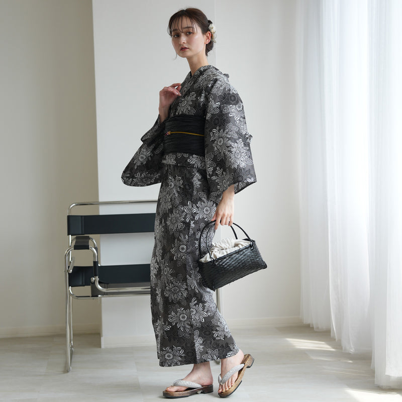 【セパレート高級変わり織 二部式浴衣3点セット ( ゆかた上下・帯・下駄 ) グレーに重なる古典菊】フリーサイズ  国産生地 国内染色 昭和初期アンティーク復刻版 （5016279211）