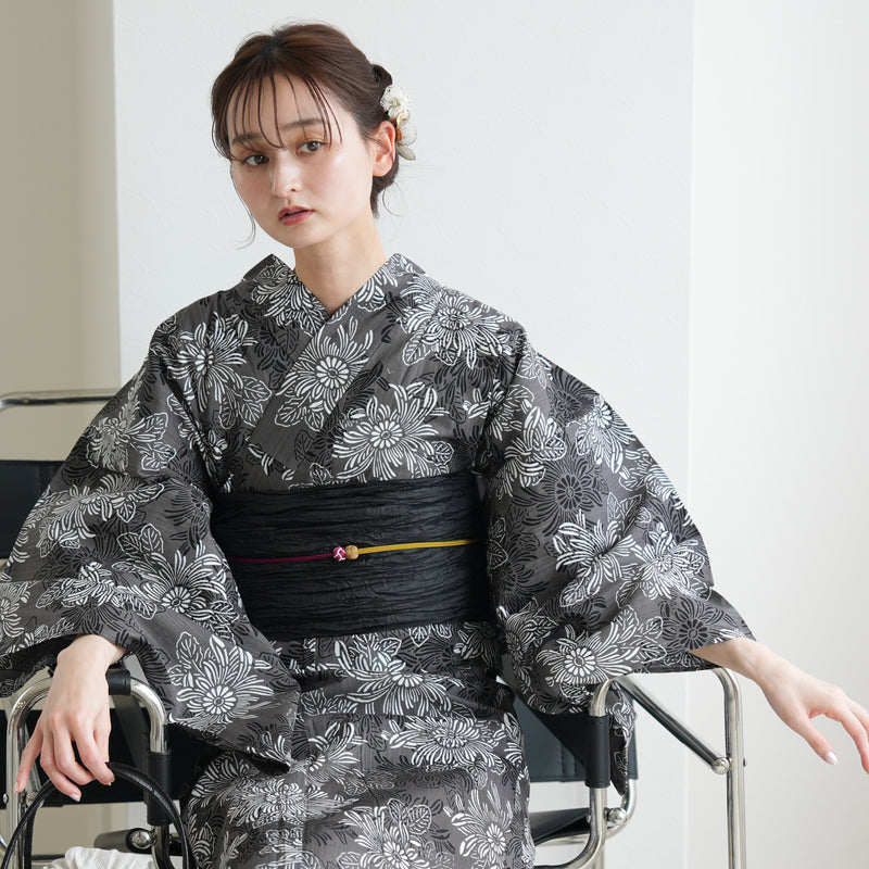 【セパレート高級変わり織 二部式浴衣3点セット ( ゆかた上下・帯・下駄 ) グレーに重なる古典菊】フリーサイズ  国産生地 国内染色 昭和初期アンティーク復刻版 （5016279211）