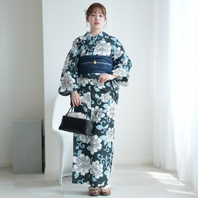 【セパレート高級変わり織 二部式浴衣3点セット ( ゆかた上下・帯・下駄 ) 鉄紺に牡丹唐草】フリーサイズ  国産生地 国内染色 昭和初期アンティーク復刻版 （5016279311）