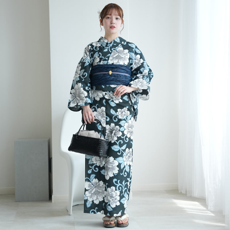 【セパレート高級変わり織 二部式浴衣3点セット ( ゆかた上下・帯・下駄 ) 鉄紺に牡丹唐草】フリーサイズ  国産生地 国内染色 昭和初期アンティーク復刻版 （5016279311）