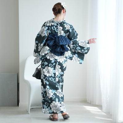 【セパレート高級変わり織 二部式浴衣3点セット ( ゆかた上下・帯・下駄 ) 鉄紺に牡丹唐草】フリーサイズ  国産生地 国内染色 昭和初期アンティーク復刻版 （5016279311）