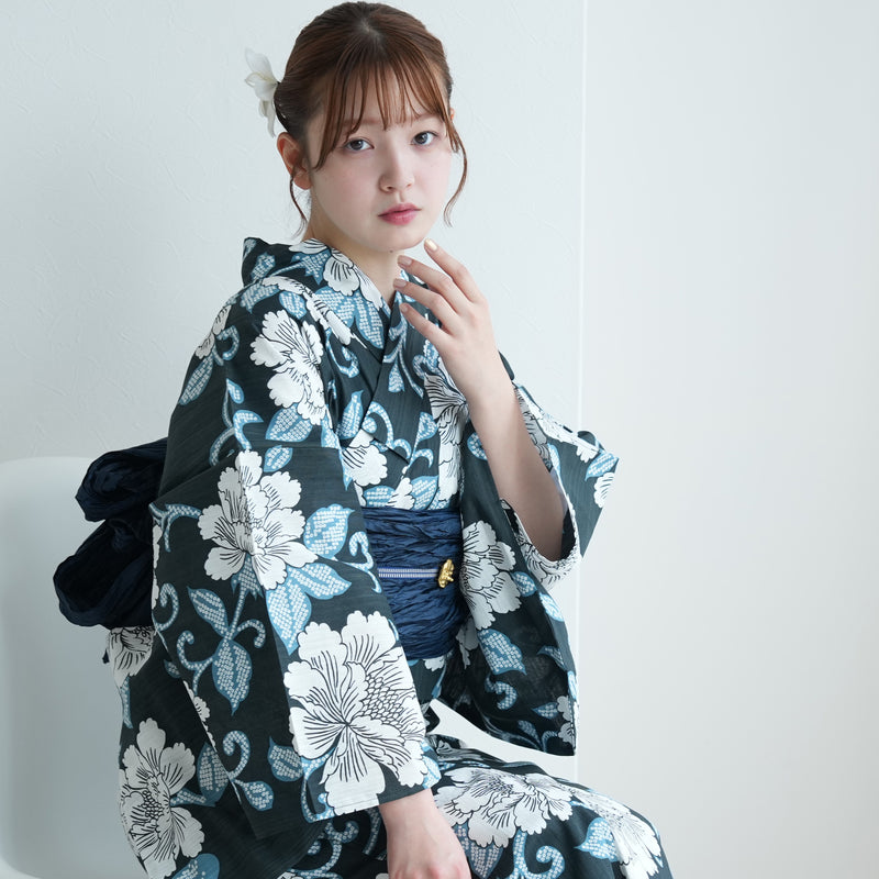 【セパレート高級変わり織 二部式浴衣3点セット ( ゆかた上下・帯・下駄 ) 鉄紺に牡丹唐草】フリーサイズ  国産生地 国内染色 昭和初期アンティーク復刻版 （5016279311）