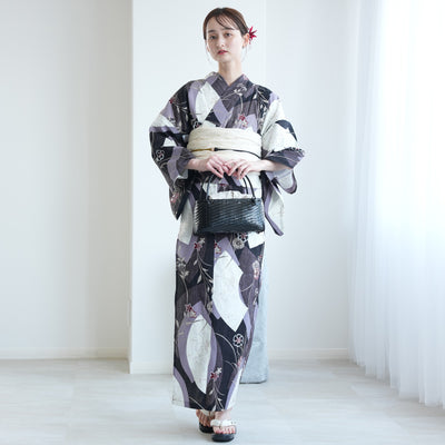 【セパレート高級変わり織 二部式浴衣3点セット ( ゆかた上下・帯・下駄 ) かすれブラックに扇面】フリーサイズ  国産生地 国内染色 昭和初期アンティーク復刻版 （5016279411）