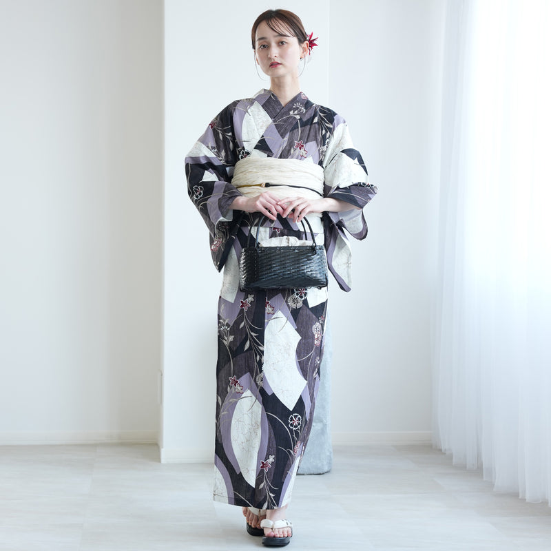 【セパレート高級変わり織 二部式浴衣3点セット ( ゆかた上下・帯・下駄 ) かすれブラックに扇面】フリーサイズ  国産生地 国内染色 昭和初期アンティーク復刻版 （5016279411）