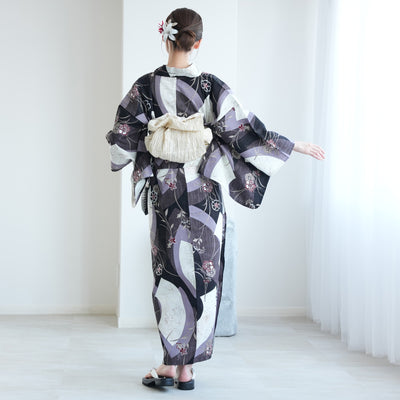 【セパレート高級変わり織 二部式浴衣3点セット ( ゆかた上下・帯・下駄 ) かすれブラックに扇面】フリーサイズ  国産生地 国内染色 昭和初期アンティーク復刻版 （5016279411）