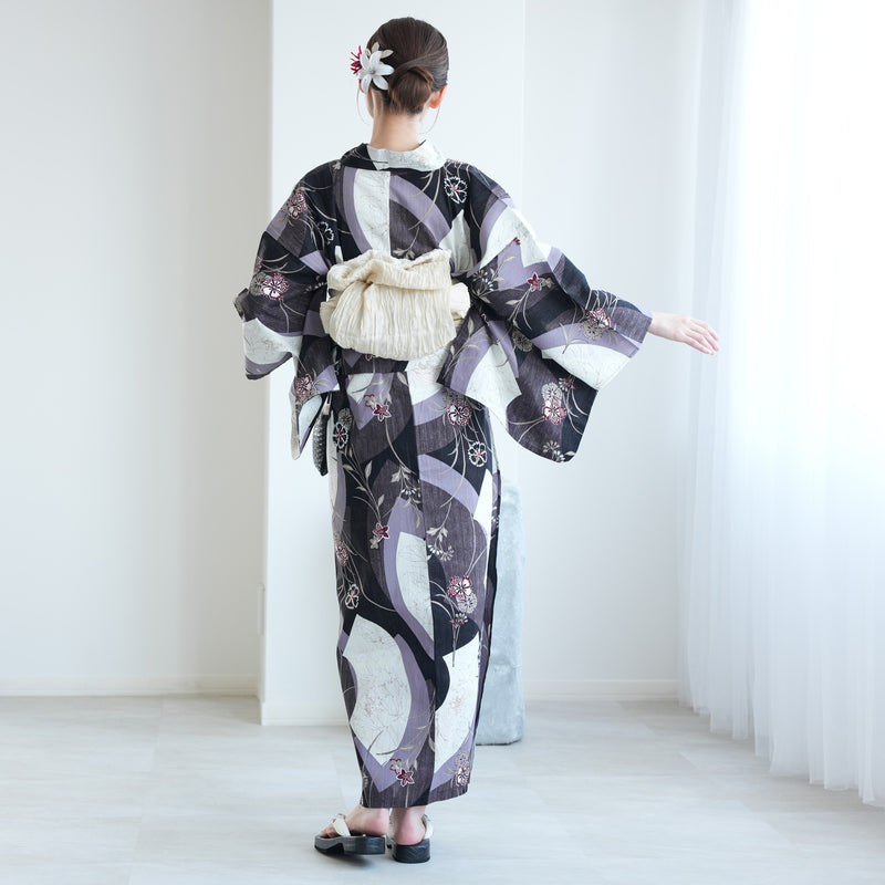 【セパレート高級変わり織 二部式浴衣3点セット ( ゆかた上下・帯・下駄 ) かすれブラックに扇面】フリーサイズ  国産生地 国内染色 昭和初期アンティーク復刻版 （5016279411）