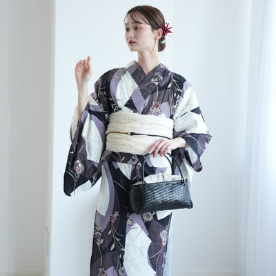 【セパレート高級変わり織 二部式浴衣3点セット ( ゆかた上下・帯・下駄 ) かすれブラックに扇面】フリーサイズ  国産生地 国内染色 昭和初期アンティーク復刻版 （5016279411）
