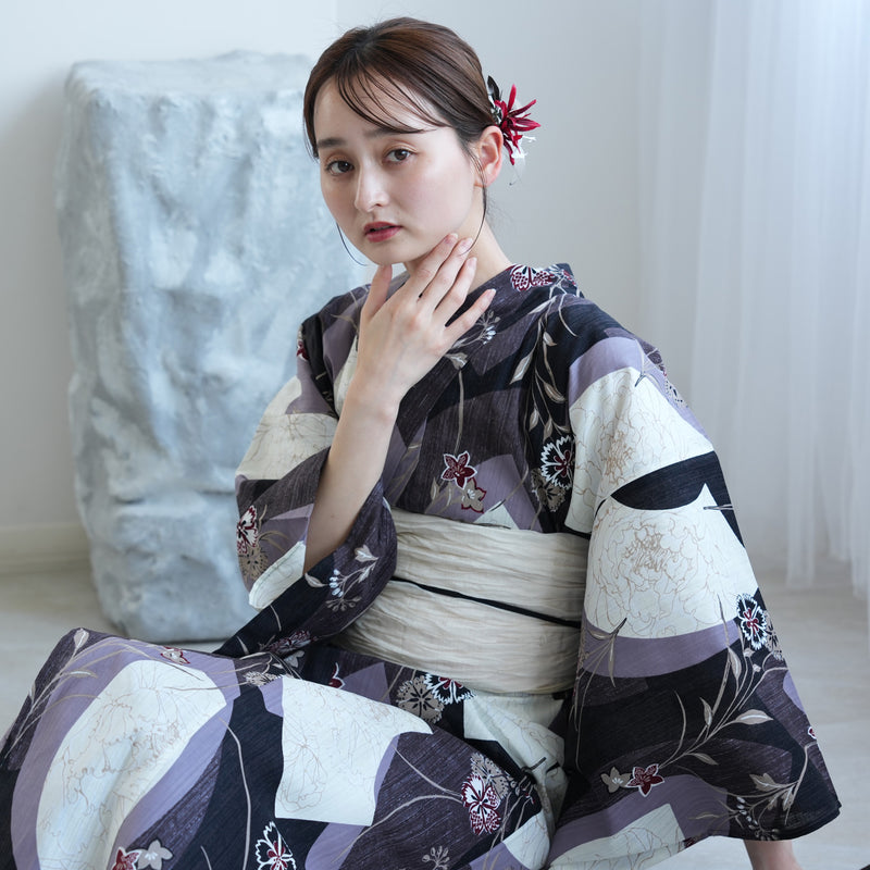 【セパレート高級変わり織 二部式浴衣3点セット ( ゆかた上下・帯・下駄 ) かすれブラックに扇面】フリーサイズ  国産生地 国内染色 昭和初期アンティーク復刻版 （5016279411）