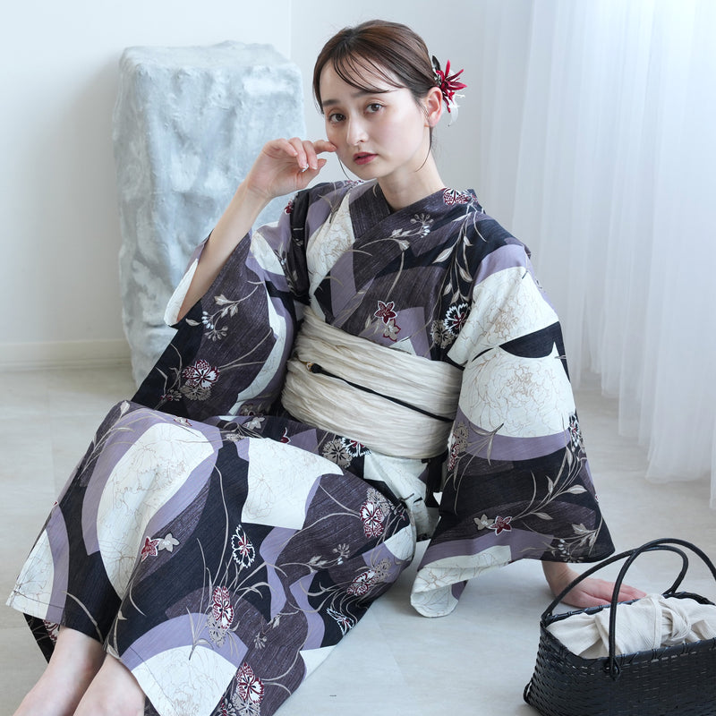 【セパレート高級変わり織 二部式浴衣3点セット ( ゆかた上下・帯・下駄 ) かすれブラックに扇面】フリーサイズ  国産生地 国内染色 昭和初期アンティーク復刻版 （5016279411）