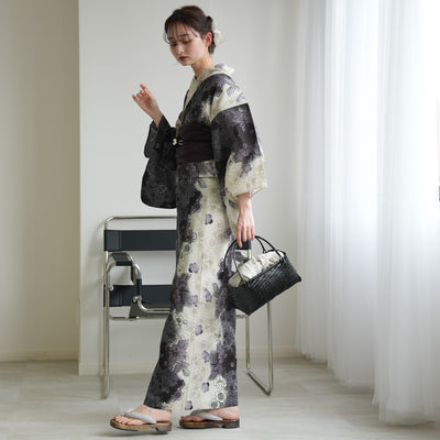 【セパレート高級変わり織 二部式浴衣3点セット ( ゆかた上下・帯・下駄 ) ブラックの染分け梅つばき】フリーサイズ  国産生地 国内染色 昭和初期アンティーク復刻版 （5016279511）