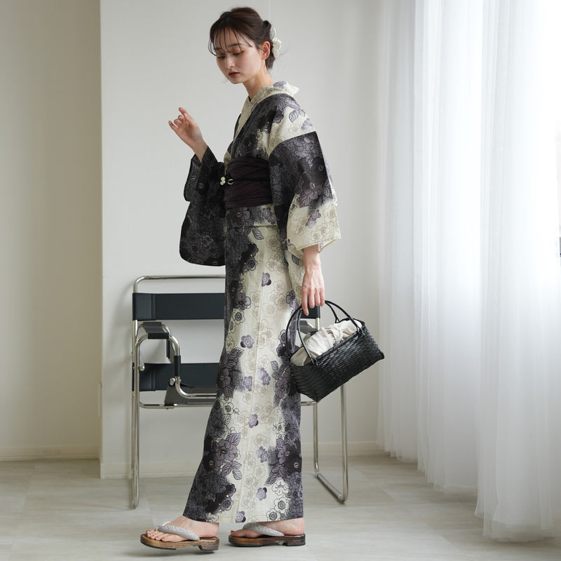 【セパレート高級変わり織 二部式浴衣3点セット ( ゆかた上下・帯・下駄 ) ブラックの染分け梅つばき】フリーサイズ  国産生地 国内染色 昭和初期アンティーク復刻版 （5016279511）