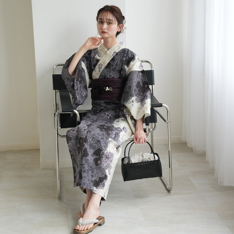 【セパレート高級変わり織 二部式浴衣3点セット ( ゆかた上下・帯・下駄 ) ブラックの染分け梅つばき】フリーサイズ  国産生地 国内染色 昭和初期アンティーク復刻版 （5016279511）