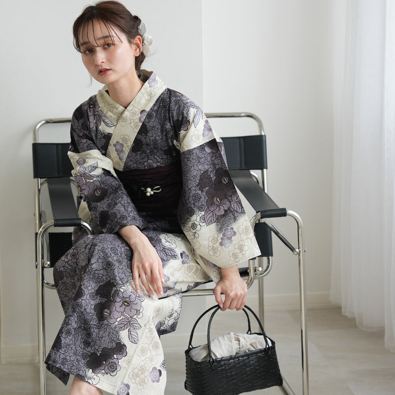 【セパレート高級変わり織 二部式浴衣3点セット ( ゆかた上下・帯・下駄 ) ブラックの染分け梅つばき】フリーサイズ  国産生地 国内染色 昭和初期アンティーク復刻版 （5016279511）