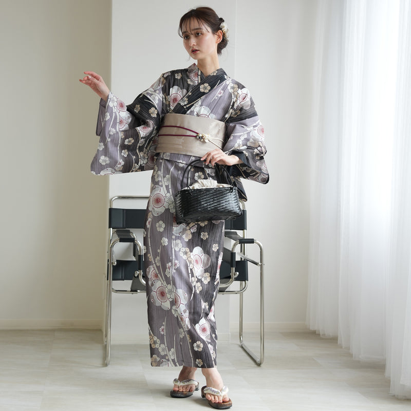 【セパレート高級変わり織 二部式浴衣3点セット ( ゆかた上下・帯・下駄 ) かすれ黒ぼかしの梅】フリーサイズ  国産生地 国内染色 昭和初期アンティーク復刻版 （5016279611）