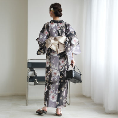 【セパレート高級変わり織 二部式浴衣3点セット ( ゆかた上下・帯・下駄 ) かすれ黒ぼかしの梅】フリーサイズ  国産生地 国内染色 昭和初期アンティーク復刻版 （5016279611）
