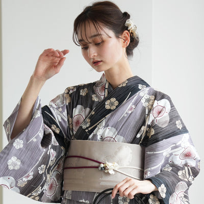 【セパレート高級変わり織 二部式浴衣3点セット ( ゆかた上下・帯・下駄 ) かすれ黒ぼかしの梅】フリーサイズ  国産生地 国内染色 昭和初期アンティーク復刻版 （5016279611）