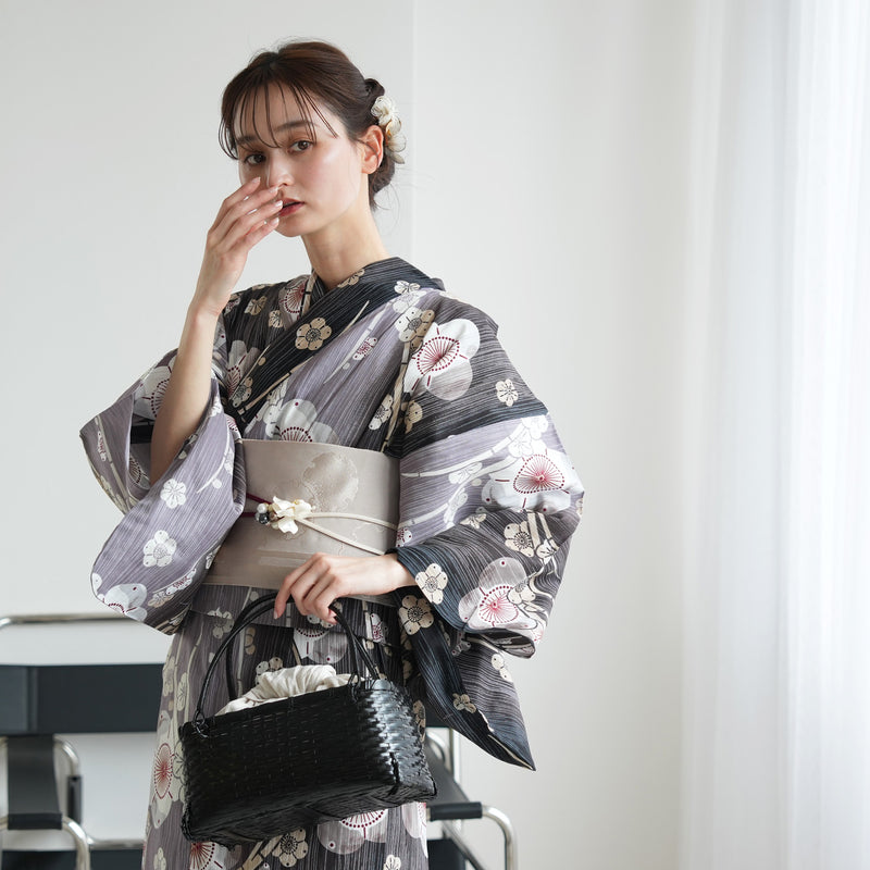 【セパレート高級変わり織 二部式浴衣3点セット ( ゆかた上下・帯・下駄 ) かすれ黒ぼかしの梅】フリーサイズ  国産生地 国内染色 昭和初期アンティーク復刻版 （5016279611）