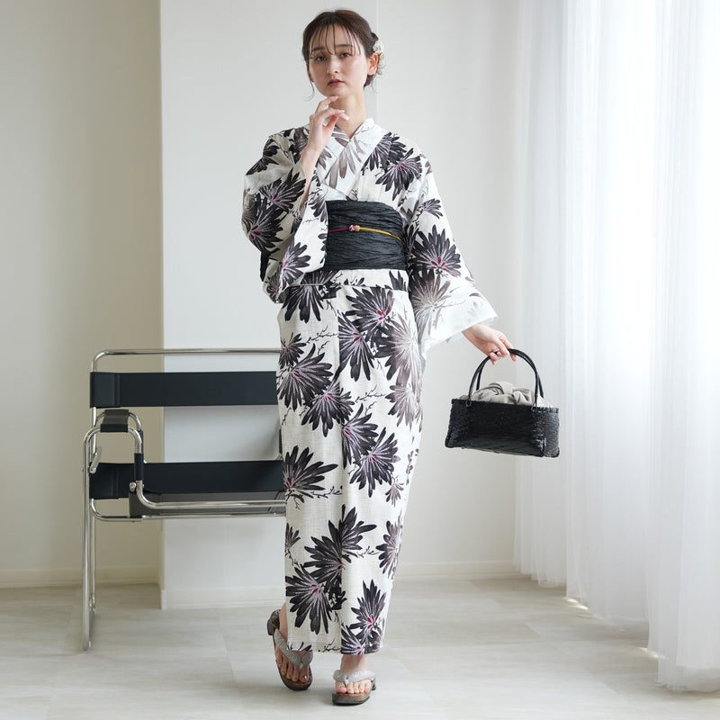 【セパレート高級変わり織 二部式浴衣3点セット ( ゆかた上下・帯・下駄 ) 溶け込むブラックの大輪の菊】フリーサイズ  国産生地 国内染色 昭和初期アンティーク復刻版 （5016279711）