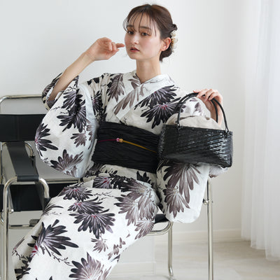 【セパレート高級変わり織 二部式浴衣3点セット ( ゆかた上下・帯・下駄 ) 溶け込むブラックの大輪の菊】フリーサイズ  国産生地 国内染色 昭和初期アンティーク復刻版 （5016279711）