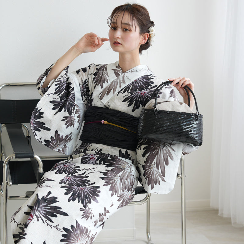 【セパレート高級変わり織 二部式浴衣3点セット ( ゆかた上下・帯・下駄 ) 溶け込むブラックの大輪の菊】フリーサイズ  国産生地 国内染色 昭和初期アンティーク復刻版 （5016279711）