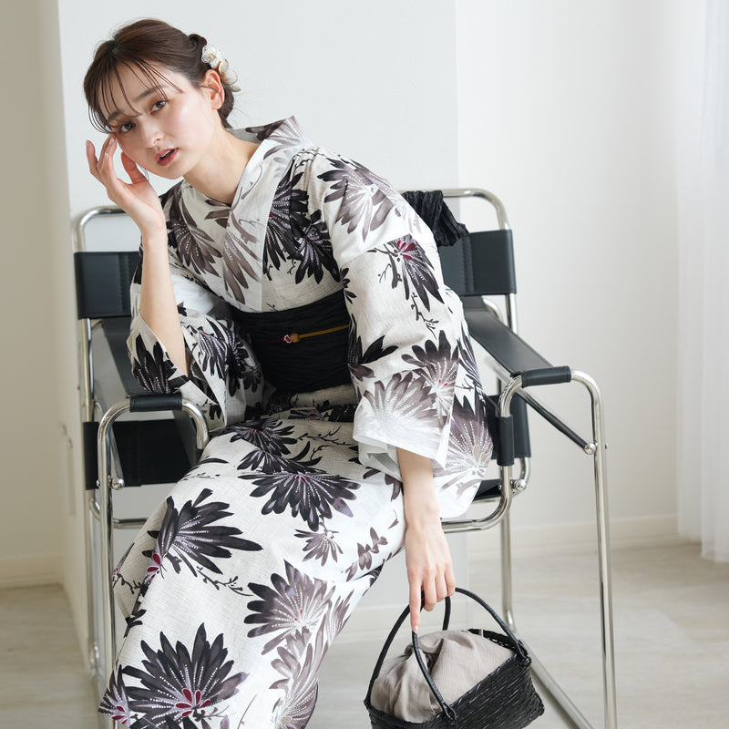 【セパレート高級変わり織 二部式浴衣3点セット ( ゆかた上下・帯・下駄 ) 溶け込むブラックの大輪の菊】フリーサイズ  国産生地 国内染色 昭和初期アンティーク復刻版 （5016279711）