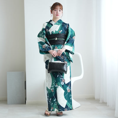 【セパレート高級変わり織 二部式浴衣3点セット ( ゆかた上下・帯・下駄 ) かすれグリーンに扇面】フリーサイズ  国産生地 国内染色 昭和初期アンティーク復刻版 （5016279811）