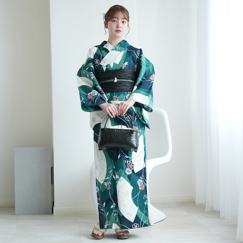 【セパレート高級変わり織 二部式浴衣3点セット ( ゆかた上下・帯・下駄 ) かすれグリーンに扇面】フリーサイズ  国産生地 国内染色 昭和初期アンティーク復刻版 （5016279811）