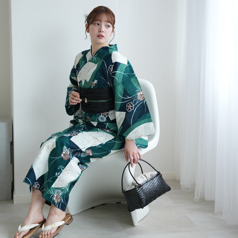 【セパレート高級変わり織 二部式浴衣3点セット ( ゆかた上下・帯・下駄 ) かすれグリーンに扇面】フリーサイズ  国産生地 国内染色 昭和初期アンティーク復刻版 （5016279811）