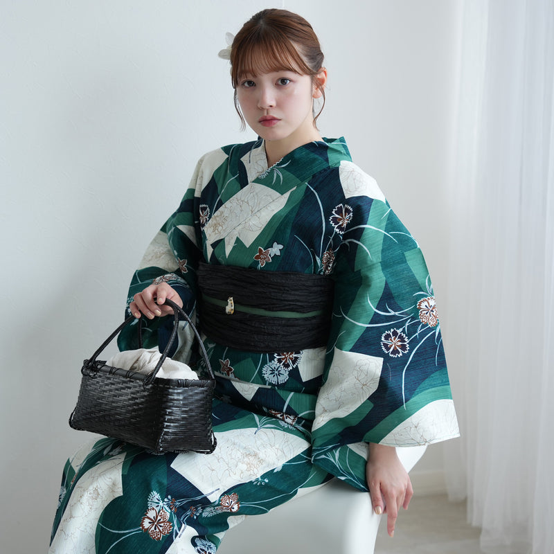 【セパレート高級変わり織 二部式浴衣3点セット ( ゆかた上下・帯・下駄 ) かすれグリーンに扇面】フリーサイズ  国産生地 国内染色 昭和初期アンティーク復刻版 （5016279811）